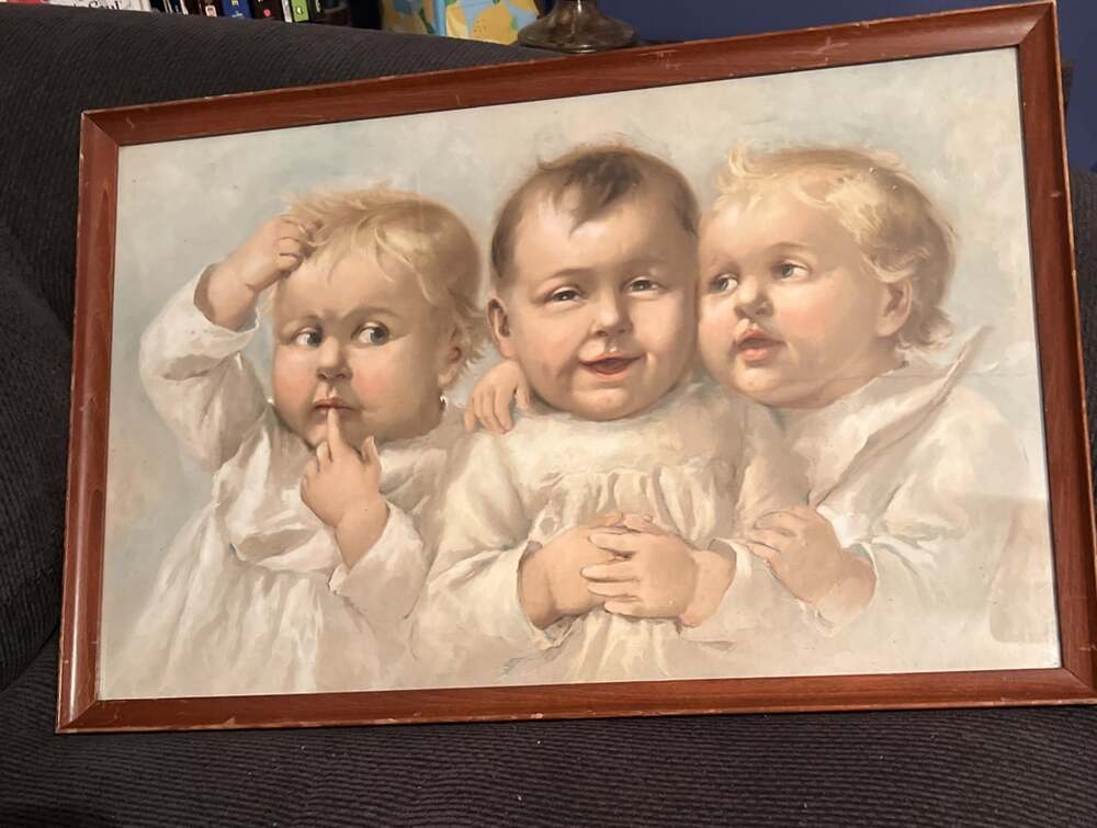 HENRY IHLEFELD Chromolito 1890 Vintage Framed 3 Babies 23”Wx15”H 1859-1932